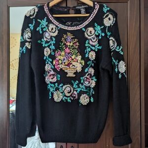 Vintage Knit Silk Blend Black With Multi Colour Floral Embroidery Beading Large